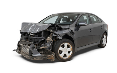 Front left corner view of a black crashed car wreck - dented bonnet, smashed engine, isolated on white or transparent