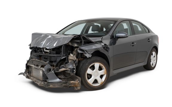 Front left corner view of a black crashed car wreck - dented bonnet, smashed engine, isolated on white or transparent