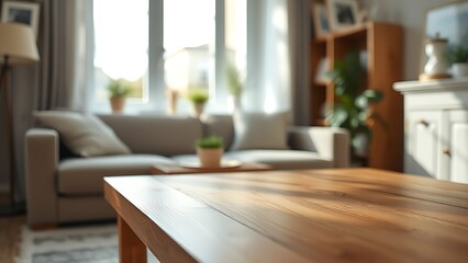 Minimalist wooden table in cozy living room, soft natural light, serene domestic still life.