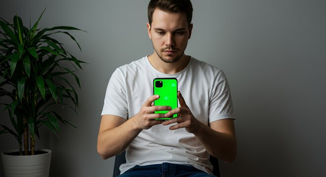 Young Man Intently Reviews a Green Screen Mobile Phone