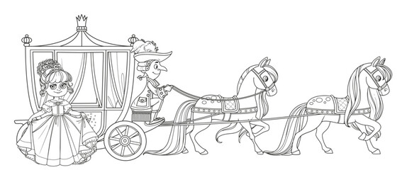 Cute cartoon princess near carriage pulled by horses with the coachman outlined for coloring book