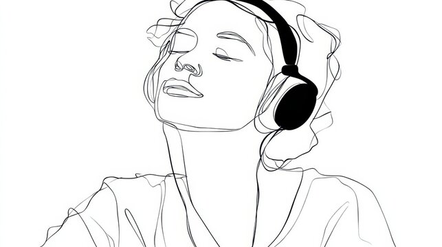 Lineart woman with headphones immersed in musical joy