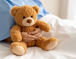 Teddy bear held by a person in a hospital bed.