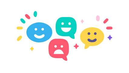 Artistic speech bubble design featuring human emotions on a white background with colorful accents.Emoticons on speech bubbles customer engagement
