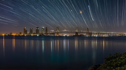 Night Sky Over Downtown Bridge Reflecting on Water With Star Trails Capturing the Beauty of an Urban Skyline in Motion During Evening Hours