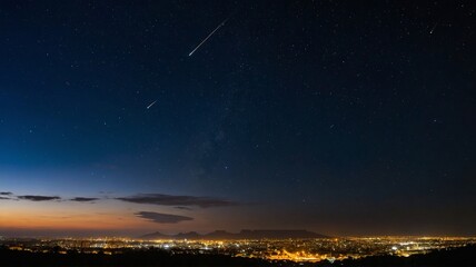 Naklejka premium Starlit Night Over the City Showcasing Meteor Streaks Against a Backdrop of Distant Mountains and Illuminated Urban Landscape