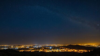 Nighttime Panorama Showcasing a Vibrant Cityscape Under a Starry Sky With Scattered Lights Illuminating the Urban Landscape and Mountain Silhouettes
