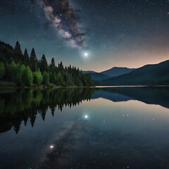 A single classic saucer-shaped UFO reflecting the stars as it floats over a still mountain lake, perfect mirror reflection on the water, peaceful yet eerie