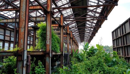 Fototapeta premium Rusting steel structures of a derelict factory, overgrown by nature, light, photography