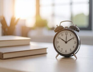 Black alarm clock sits on a light wooden table next to books.