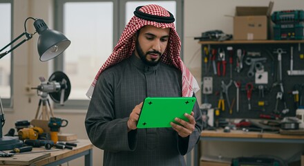 Arab Entrepreneur Uses Tablet in Modern Workshop