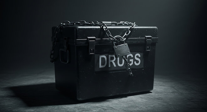 A dark, locked box with a chain and padlock, labeled "DRUGS", sits on a textured surface against a dark background.
