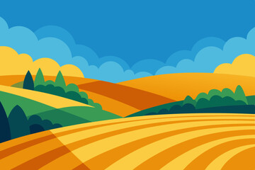 Fototapeta premium Stylized rolling hills with golden fields and green trees under a blue sky