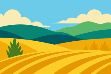 Obraz premium Stylized landscape with rolling golden fields and green hills under a blue sky
