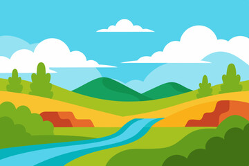 Obraz premium Vibrant cartoon landscape with rolling green hills and a flowing blue river