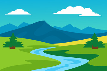 Obraz premium Stylized cartoon landscape with a winding river flowing through green hills and mountains