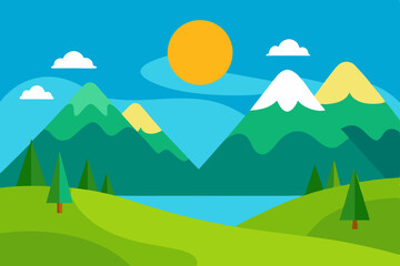 Obraz premium Vibrant cartoon landscape with green rolling hills mountains a lake and a bright sun