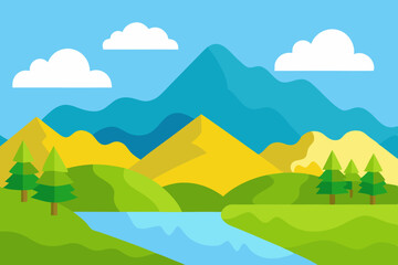 Obraz premium Vibrant flat illustration of a serene mountain landscape with a winding river and fluffy clouds