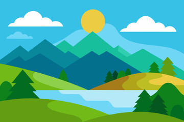 Fototapeta premium Vibrant flat design landscape with mountains lake trees and sun