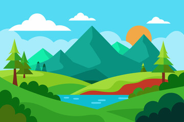 Fototapeta premium Flat design landscape with mountains lake trees and sun