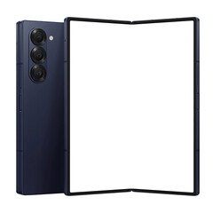 Photo of foldable smartphone similar to android device without background. Navy color. Template for...