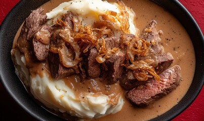 Sliced beef in creamy pepper sauce with crispy onions served over mashed potatoes on a vibrant red background