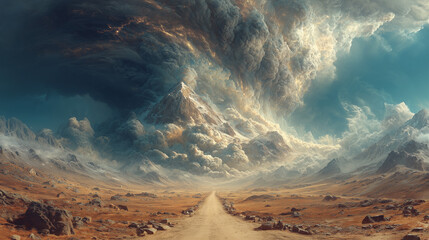 A long road leading to a majestic mountain range under a dramatic storm.