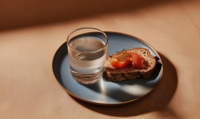 Vodka served with pickled tomato and salo on rye presented on a matte steel-blue plate against a soft ochre background