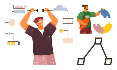 Person configuring a process map, another assembling puzzle pieces, diagram, and icons. Ideal for teamwork, creativity, planning, organization, technology innovation simple flat metaphor