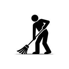Cleaning icon: A simplified silhouette of a person sweeping, demonstrating the act of cleaning and tidying with a broom, conveys clarity and simplicity.