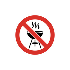No Grill Zone: A clear graphic symbol indicating grilling is prohibited, featuring a barbecue silhouette crossed out with a bold red circle, conveying a straightforward message of restriction.
