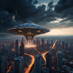 A massive alien spaceship partially cloaked, distorting the clouds above a futuristic city, glowing lights and atmospheric distortion effects