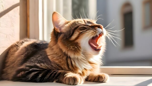 Cat yawning while sitting on a window sill, stretching its mouth wide in a relaxed pose in natural indoor light - Powered by Adobe