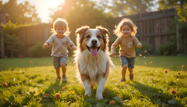 Two children and a dog running across green grass in a sunny outdoor space, full of joy and playful interaction