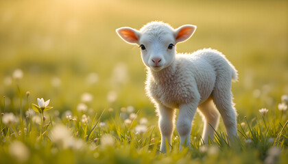 Obraz premium Small lamb standing in a green grassy field, surrounded by natural landscape and soft morning light