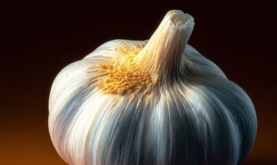 Close-up view of a single garlic bulb showcasing detailed texture and natural color against a dramatic background