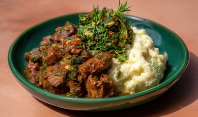 Delicious herbal mukimo and goat stew served on an olive green plate with a dusty peach backdrop
