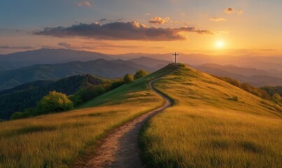 Cross on a hill at sunset with a winding path and majestic mountains in the background