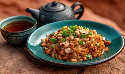 Enjoying savory youcha with crispy rice, peanuts, and green onions on a turquoise plate for a nourishing breakfast in Guangxi