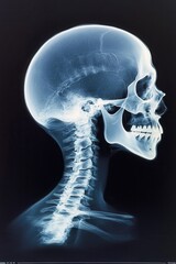 Detailed skull x-ray scan reveals anatomical structures and alignment of the head and neck region for medical analysis