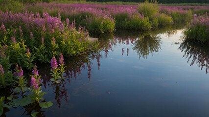 Vibrant Purple Flowers Line a Tranquil Stream Reflecting the Clear Sky in a Serene Natural Landscape During Early Morning Light