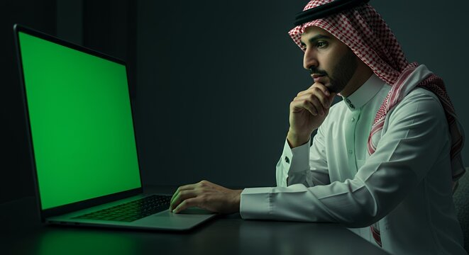 Thoughtful Arab businessman working late on a laptop with a green screen.