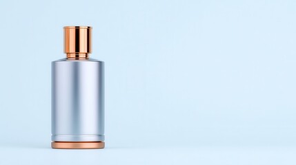 Luxury cologne cap design in chrome and rose gold set against a light blue background, showcasing elegance and sophistication