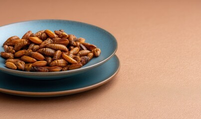 Nutty and savory beondegi served on sky-blue plate, a traditional Korean snack highlighting resilience and flavor