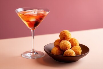 Refreshing Campari soda accompanies crispy arancini on a colorful table setting perfect for a stylish gathering