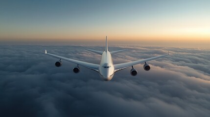 Boeing 747 glides gracefully above the clouds, showcasing remarkable engineering against a backdrop of blue sky and horizon