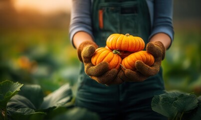 Close-up of a farmer holding fresh pumpkins with a lush green farm background during golden hour in natural light