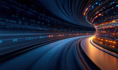 Futuristic tunnel featuring glowing neon lights and dynamic data streams creates an immersive digital experience at night