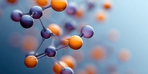 Vibrant orange and ultraviolet spheres illustrate molecular structure in a modern graphic design style
