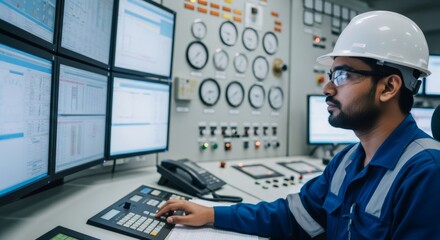 Male technician in hard hat working in control room monitoring gas industry operations for safety and maintenance.